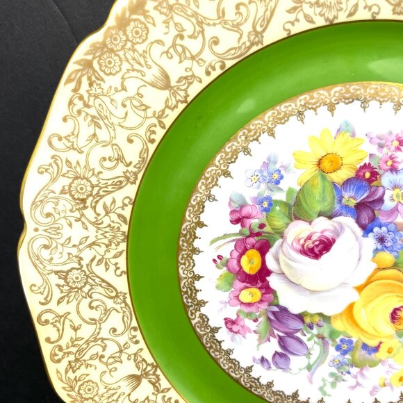 Set 3 Bohemia Czechoslovakia Bone China Dinner Green & Gold Floral Plates 10.5” - Picture 5 of 10